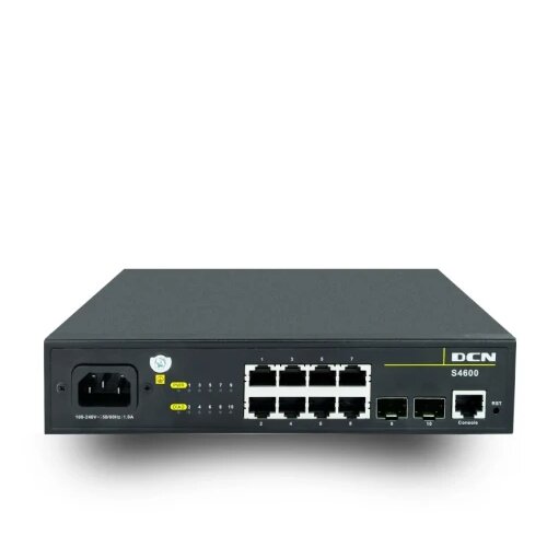 Dcn L2 poe svič S4600-10P-P-SI 10 x gigabit (8xUTP+2xSFP) poe/poe+ 124W power budžet, IPv6, acl, dos, ring protection G.8032 & mrpp, oam 802.3ah/802.3ag & vct digital diagnostic monitoring, eee 802.3az fanless Slike