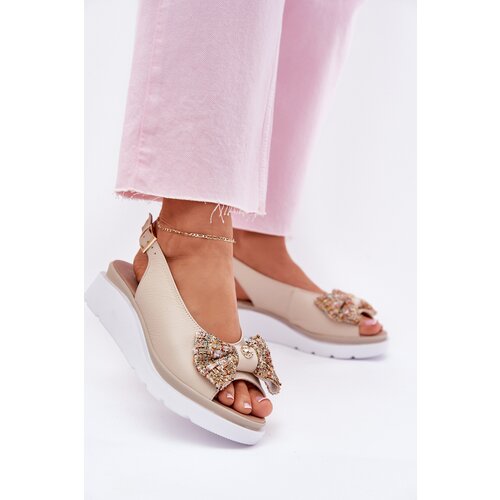 Zazoo Ladies Leather Wedge Sandals With Bow Beige 1882 Slike
