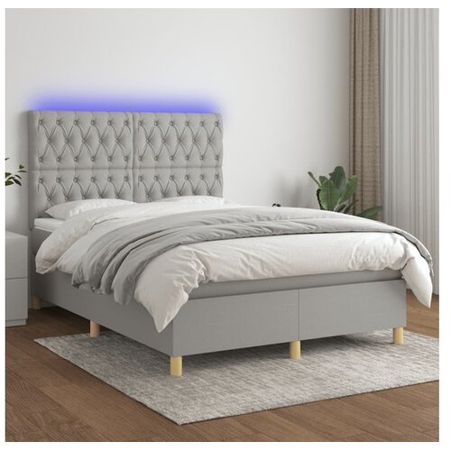  Box spring postelja z vzmetnico LED sv. siva 140x200 cm blago Cene