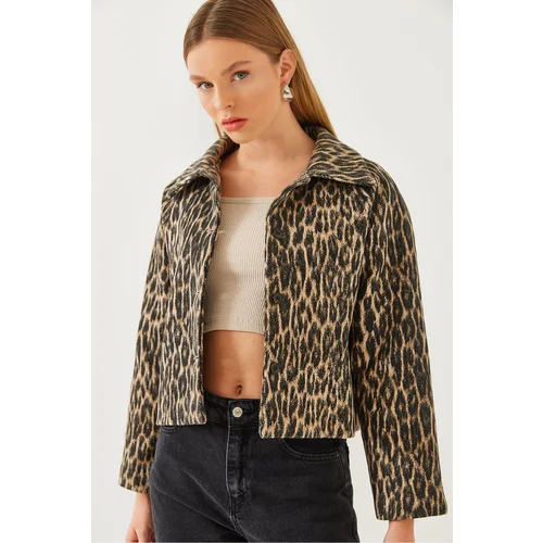 Bianco Lucci Women's Leopard Patterned Shirt Collar Cashmere Jacket 2478