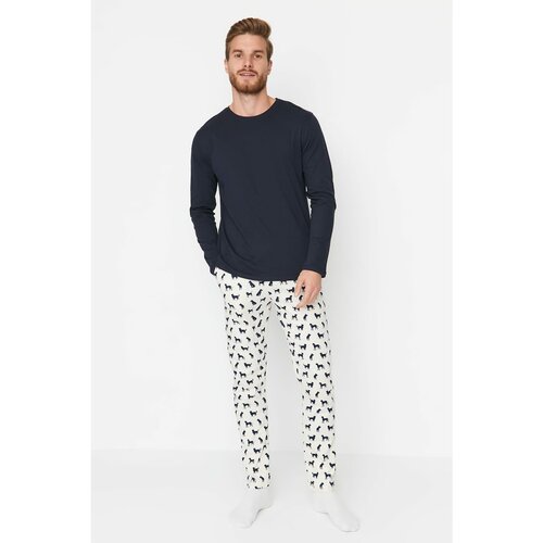 Trendyol Navy Blue Men's 100% Cotton Regular Fit Printed Knitted Pajamas Set Cene