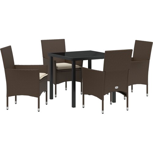 vidaXL 5-delna vrtna jedilna garnitura z blazinami rjava poli ratan, vrtna miza črna 80x80x73 cm kaljeno steklo Cene