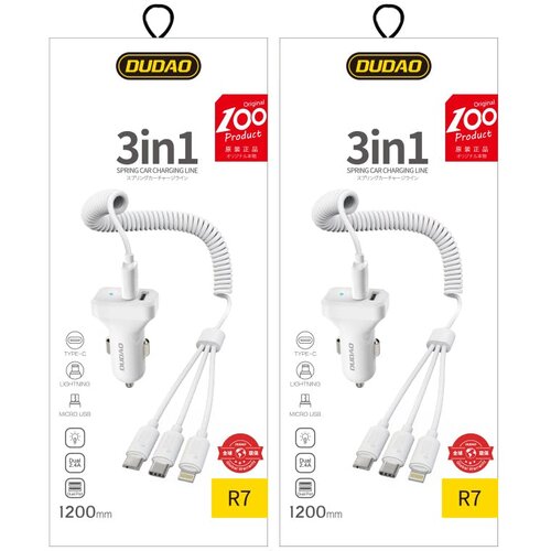 Dudao punjač za auto 2x USB 2.4A + USB kabel 3v1 Lightning / Type C / micro USB kabel (R7) - Bijela Cijene