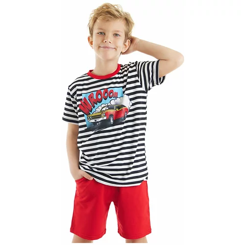Mushi Wroom Boys' Striped T-shirt with Red Shorts Summer Suit.