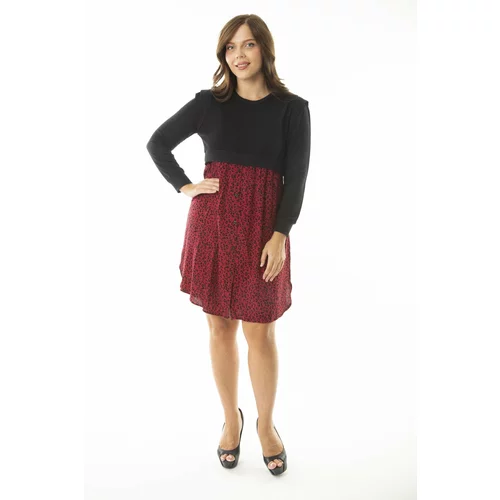 Şans Women's Plus Size Black Skirt With Buttoned Patterned Viscose Fabric Blouse Part Plain Fabric