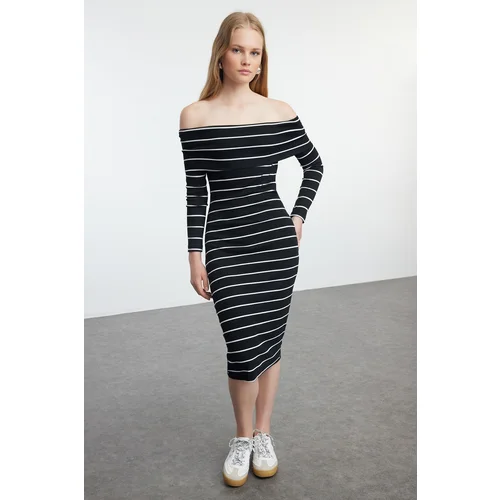 Trendyol Black*001 Striped Fitted Flexible Mini Knitted Dress