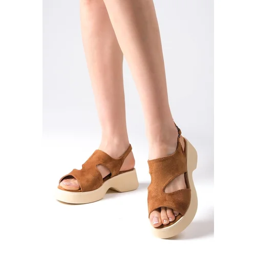 Mio Gusto Blair Tan Color Asymmetric Cut Women's Chunky Sold Sandals