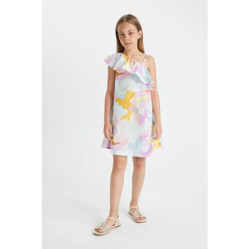 Defacto Girl's One Shoulder Patterned Poplin Dress