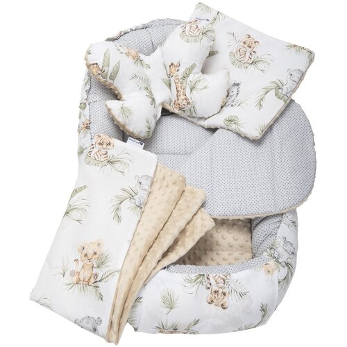 Medi Partners Cocoon in a 5-piece set (cocoon / insert / butterfly pillow / flat pillow / quilt 75x55) &amp;ndash; Safari + beige Minky Slike