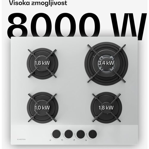 Klarstein Velaire plinska ploča za kuhanje, 4 plamenika s električnim paljenjem, kompatibilna s prirodnim plinom i ukapljenim naftnim plinom, 8000 W, 60 cm Slike