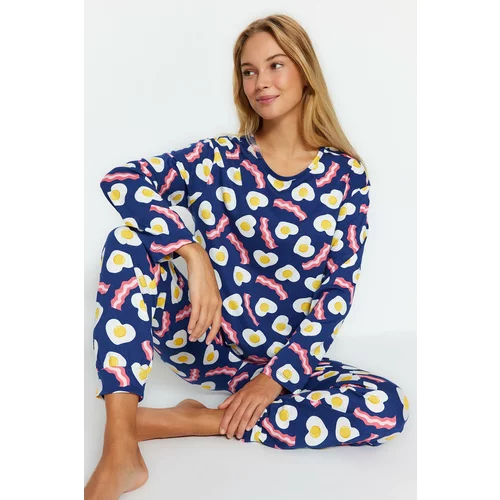 Trendyol Navy Blue 100% Cotton Breakfast Printed T-shirt-Pants and Knitted Pajamas Set