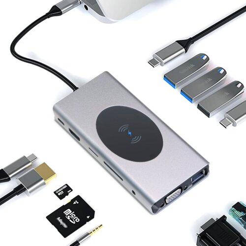 Docking station / HUB Type C na LAN Gb, Wireless PC, SD card, TF, Type C, 3xUSB 3.0, 2xUSB 2.0, Audio, HDMI i VGA 13 u 1 20cm kabl Cene