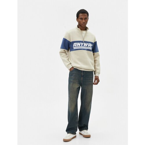 Koton Half Zipper Sweatshirt Stand Collar Slogan Printed Color Blocked Cene