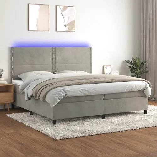 vidaXL Krevet box spring s madracem LED svjetlosivi 200x200 cm baršun