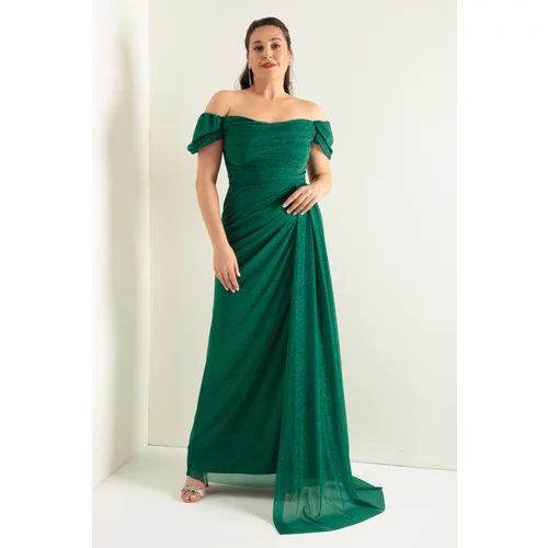 Lafaba Women's Emerald Green Boat Collar Draped Long Glittery Evening Dress with a Slit.