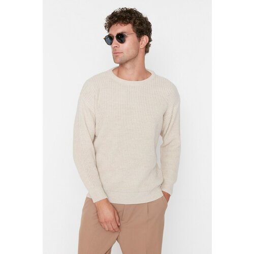 Trendyol Beige Men's Oversize Fit Wide Fit Crew Neck Basic Knitwear Sweater Slike