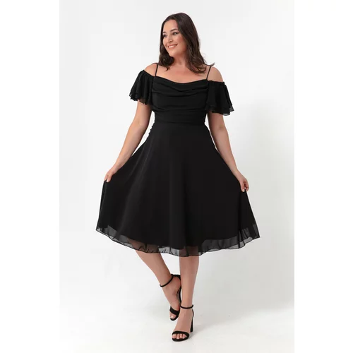 Lafaba Women's Black Strapless Flare Cut Midi Plus Size Evening Dress.