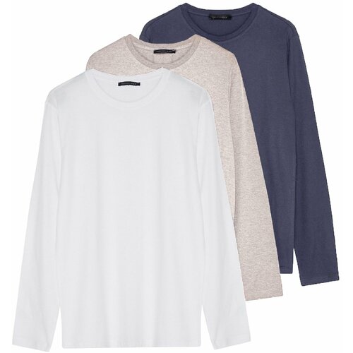 Trendyol Dark Grey-Beige-White Men's 3-Pack 100% Cotton Long Sleeve Slim/Tight Fit Basic T-Shirt Slike