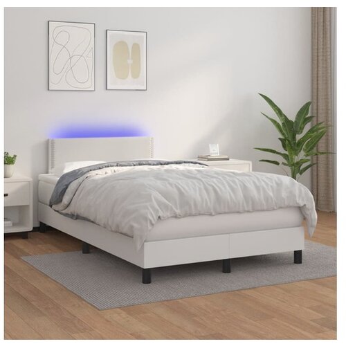  Box spring postelja z vzmetnico LED bela 120x200cm umetno usnje Cene