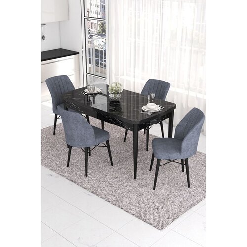 Hanah home trpezarijski set Eva, sto na razvlačenje i 4 stolice, ploča u dekoru crnog mermera, dimno siva tkanina Babyface Cene