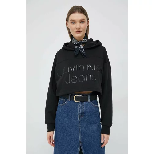 Calvin Klein Jeans Dukserica za žene, boja: crna, s kapuljačom, s aplikacijom