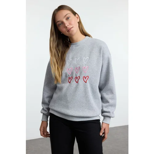 Trendyol Grey Melange Heart Embroidered Oversize/Wide Pattern Thick Inside Polar Fleece Knitted Sweatshirt