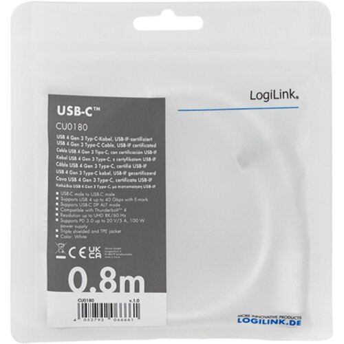 Logilink USB 4.0 Type C - C, M/M, E mark, PD, 8K, bela Cene