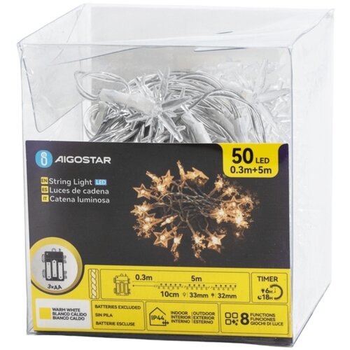 Aigostar led vanjski božićni lanac, 50xLED/8 funkcija, 3xAA, 5m, IP44, topla bela, zvezdice Slike