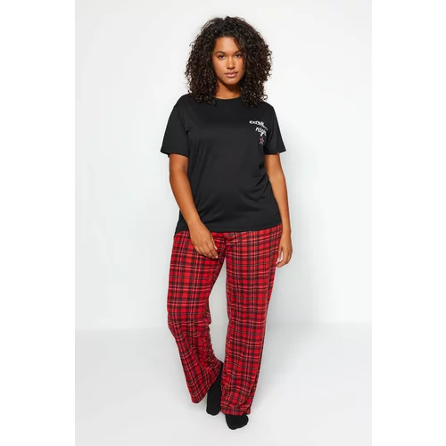Trendyol Curve Black Printed Plaid Flannel Woven Pajamas Set