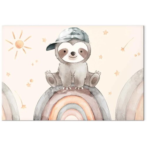  Slika - Happy Sloth - Sloth in Subdued Colors Wearing a Cap Sitting on a Rainbow Among Little Stars 90x60 Standard Slike