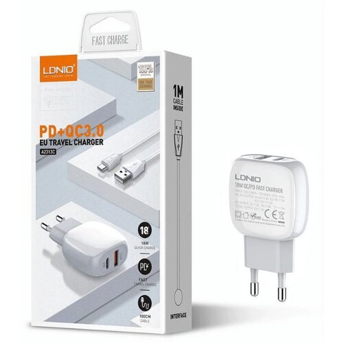 Kucni punjac LDNIO A2313C PD + QC3.0 20W (USB-A + USB-C) kabal Type C - lightning Cene