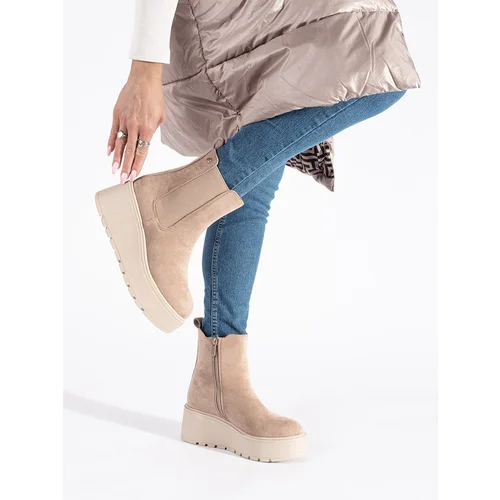 Shelvt Beige suede Chelsea boots on a wedge