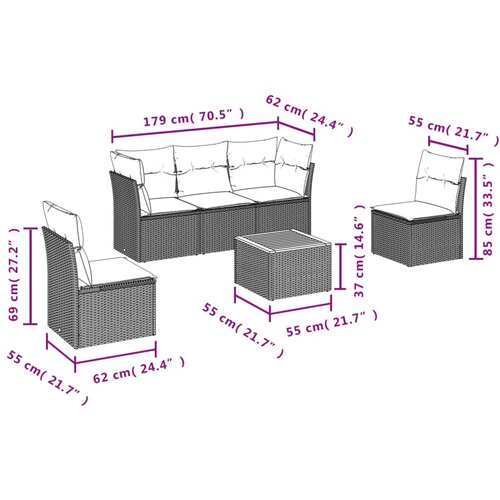  6-dijelni set vrtnih sofa od poliratana s jastucima sivi Slike