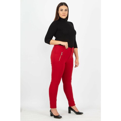 Şans Women's Large Size Claret Red Zipper Detailed Trousers Slike