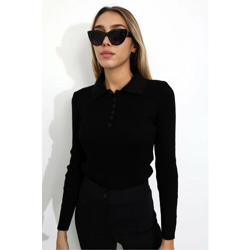 Laluvia Black Polo Neck Buttoned Corduroy Knitted Blouse Slike
