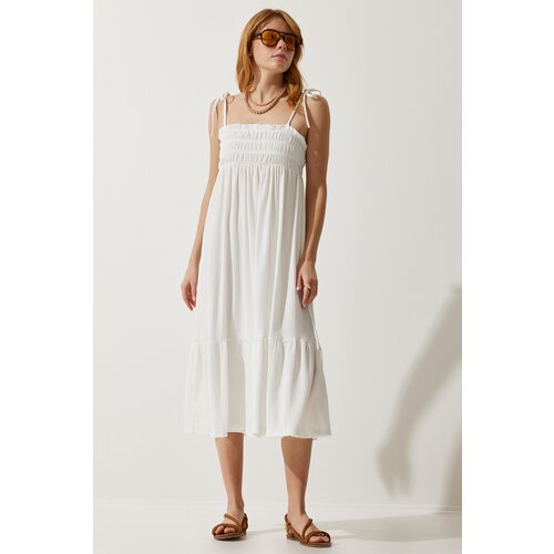 Happiness İstanbul Women's White Strappy Crinkle Summer Knitted Dress Slike
