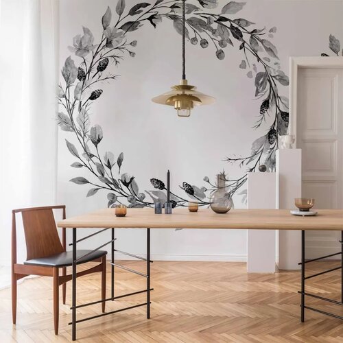  Foto tapeta - Romantic wreath - grey plant motif with leaves with rose pattern 350x256 Cene