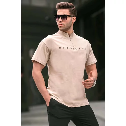 Madmext Beige Zipper Collar Men's T-Shirt 5858