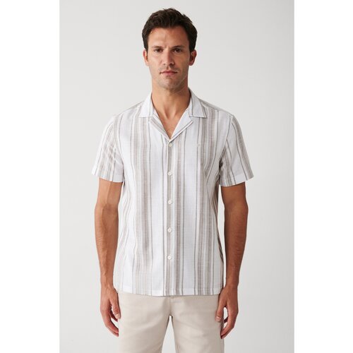 Avva Men's Brown Easy-Iron Cuban Collar Striped Short Sleeve Standard Fit Regular Cut Shirt Slike