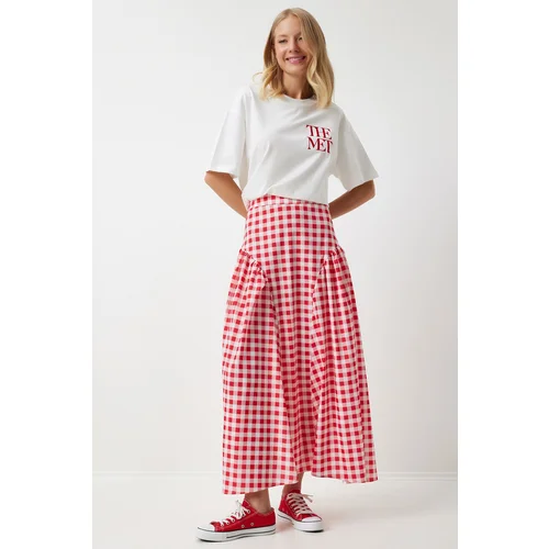  Women's Dark Pink Gingham Flounce Summer Poplin Skirt