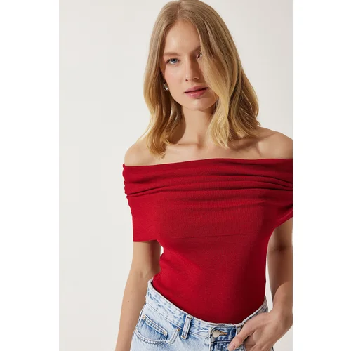  Women's Red Open Shoulder Knitwear Blouse