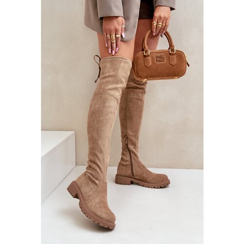 Boto FS1 Knee High Boots On Flat Heel Made Of Eco Suede Beige Arkelia Cijene