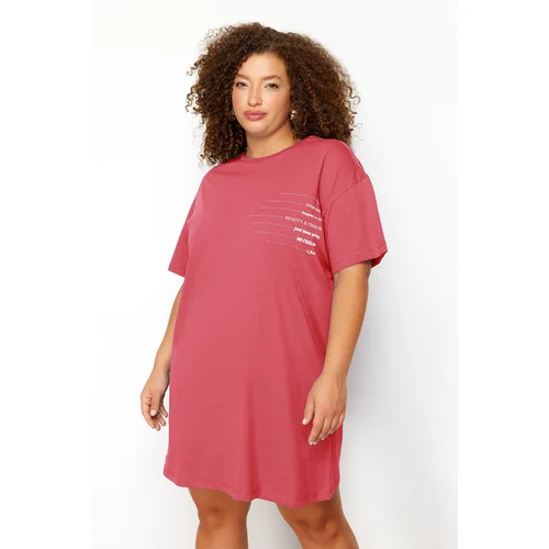 Trendyol Curve Pink Crew Neck Slogan Printed 100% Cotton Knitted Plus Size T-shirt Dress