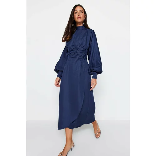 Trendyol Navy Blue Evening Dress with Draped Waist and Balloon Sleeves Patterned