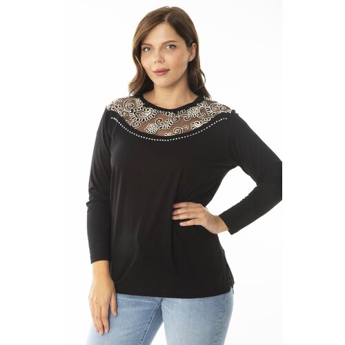 Şans Women's Plus Size Black Collar Tulle Embroidery And Stone Detailed Long Sleeve Blouse Slike