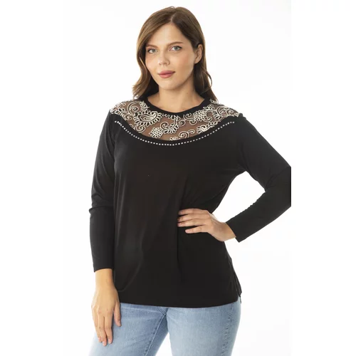 Şans Women's Plus Size Black Collar Tulle Embroidery And Stone Detailed Long Sleeve Blouse