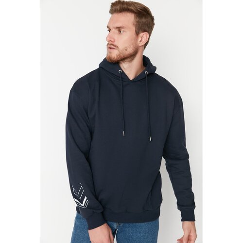 Trendyol Navy Men's Relaxed Fit Off Shoulder Hooded Printed Sweatshirt Slike