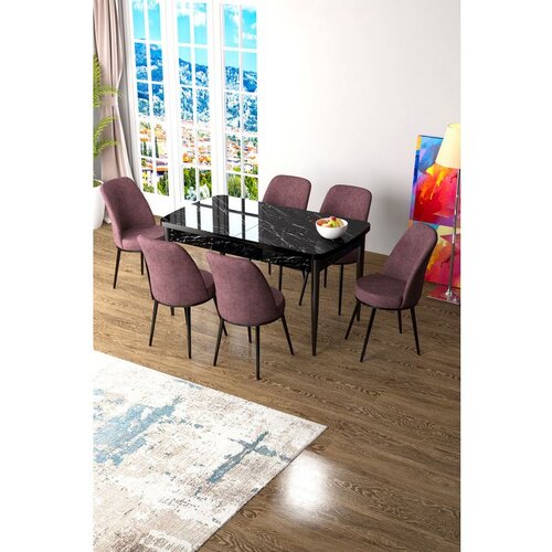 Hanah home Zen - Black Marble, Dusty Rose Black MarbleDusty Rose Extendable Dining Table & Chairs Set (7 Pieces) Cene
