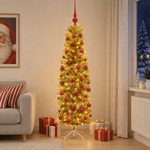  Umjetno usko božićno drvce s kuglicama 180 cm 300 LED lampica Slike