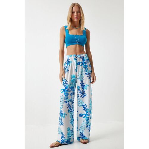 Women's Sky Blue White Patterned Loose Viscose Palazzo Trousers Slike